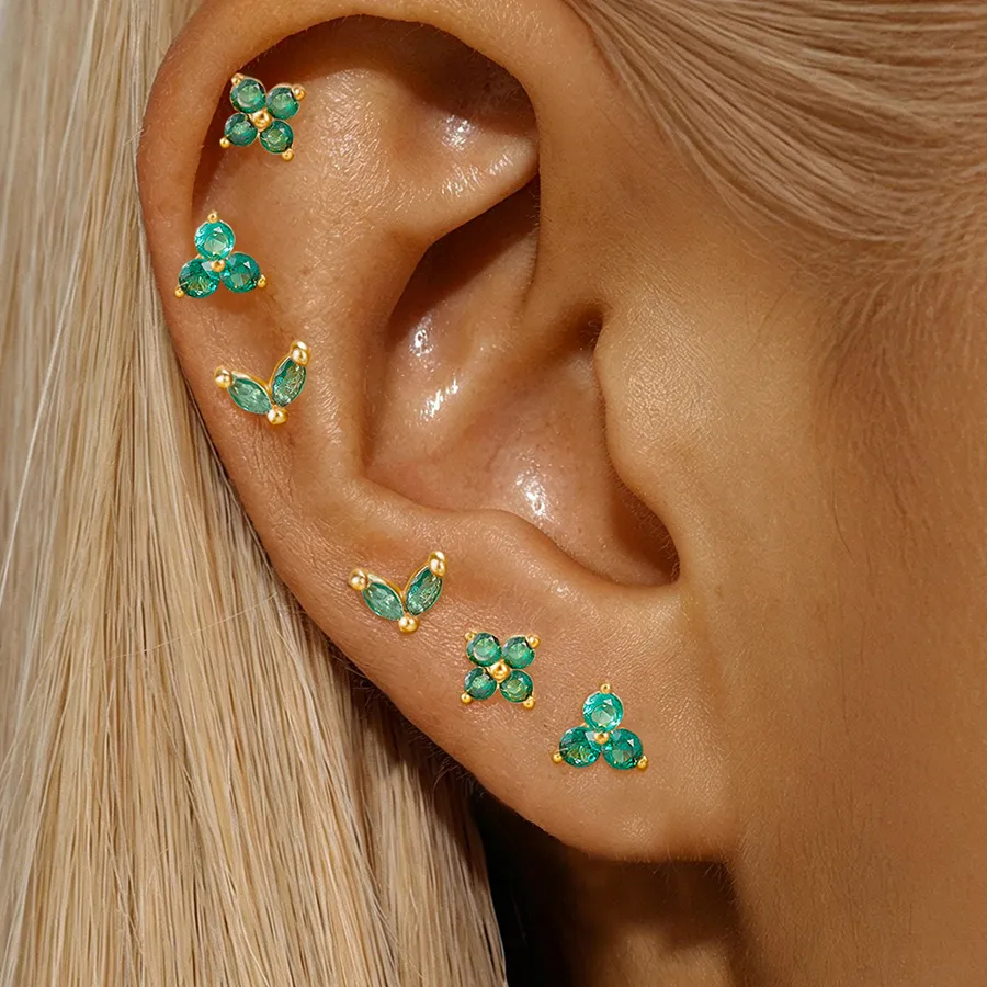 Authentic 6PCS Zircon Flower Stud Earring Sets For Women 14K Gold Plated Clover Ear Stud Hypoallergenic Daily Wear Jewelry
