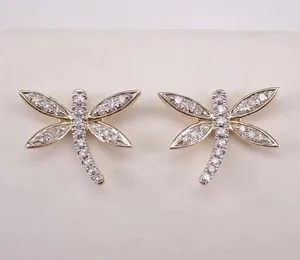 Authentic Gilded Wings of Illumination: Simulated Diamond Dragonfly Stud Earrings in 14K Yellow Gold Plated