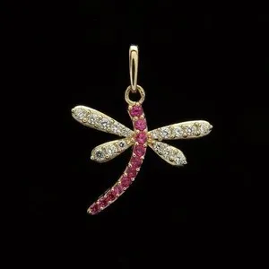 Authentic 0.40 CT Simulated Pink Sapphire Dragonfly Charm Necklaces 14K Yellow Gold Plated