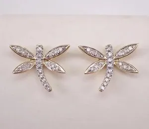 Authentic 2.10Ct Round Cut Real Moissanite Dragonfly Stud Earrings 14K Yellow Gold Plated