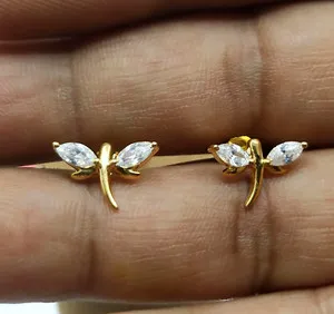 Authentic 0.60Ct Marquise Simulated Diamond Dragonfly Stud Earrings 14k Yellow Gold Plated