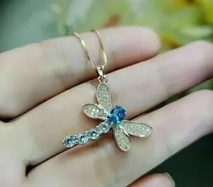 Authentic 2Ct Oval Cut Simulated Topaz Dragonfly Pendant 14k Yellow Gold Plated Chain