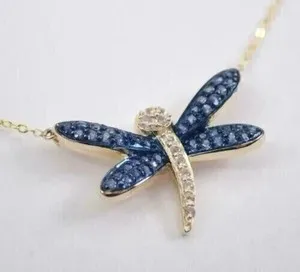 Authentic Dragonfly Shape Pendant 14k Yellow Gold Plated 1.25Ct Round Simulated Sapphire