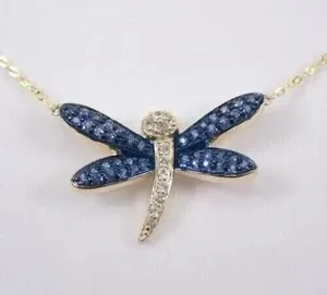 Authentic 14k Yellow Gold Plated 1 Ct Round Simulated Sapphire Dragonfly Shape Pendant