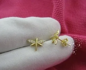 Authentic Dragonfly's Dance: 14K Gold Plated Diamond Stud Earrings