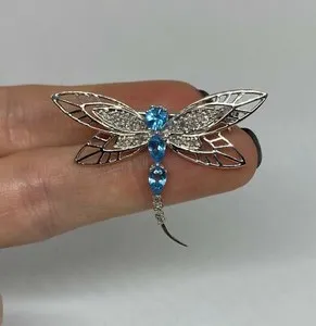 Authentic Celestial Dragonfly Spirit Guide Brooch - 2Ct Pear Topaz Enlightenment Amulet in 14K White Gold
