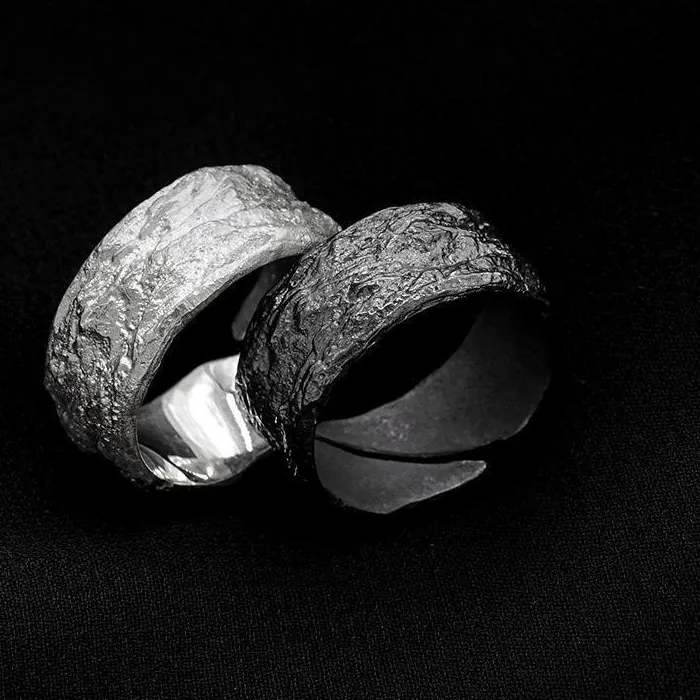 Authentic Fault Stone Vein Ring Jewelry Personality Black And White Texture Male Index Finger Ring 925 Silver Accessories