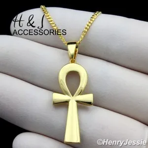 Authentic 925 STERLING SILVER 16-24"X2MM GOLD PLATED CUBAN CHAIN ANKH CROSS PENDANT*AGP195