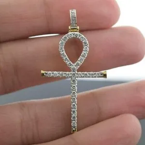 Authentic Round Cut Simulated Diamond Ankh Cross Pendant In 14K Yellow Gold Plated