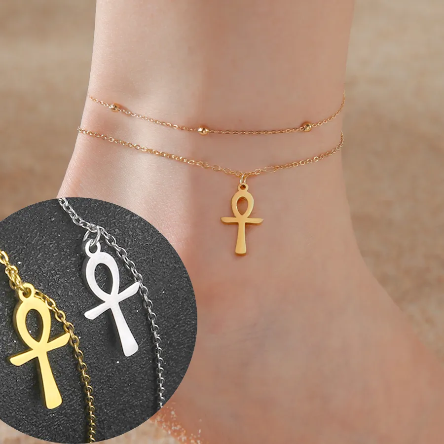 Authentic Dawapara Ankh Cross Ankle Bracelet Religious Egyptian Key of Life Cross Bracelet for Men Women Jewelry