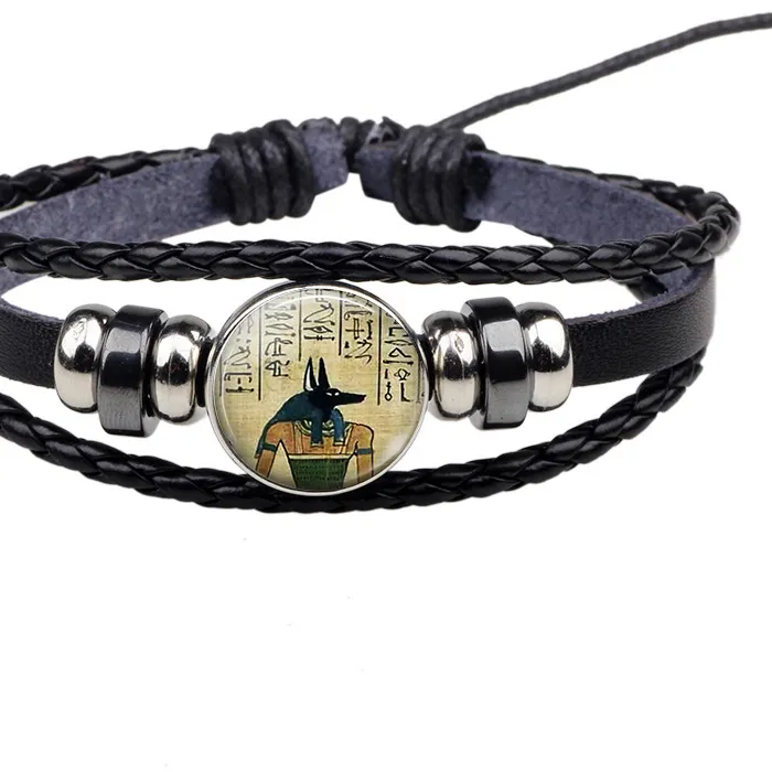 Authentic Lord Of The Underworld Anubis Glass Cabochon Egyptian Jewelry Black Braided Leather Bracelet