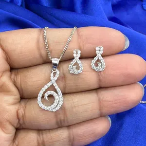 Authentic Women's 18k White Gold Plated 3 Pcs Pendant Necklace & Earrings Jewelry Set