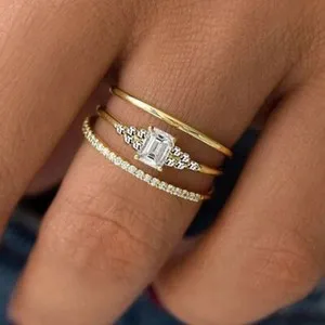 Authentic One Set 3 PCs Women 18k Gold Plated Sparkling CZ Band Ring Wedding Engagement