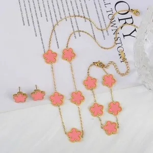 Authentic 3Pcs Gold-Plated Five-Leaf Flower Necklace Earrings Bracelet Jewellery For Woman