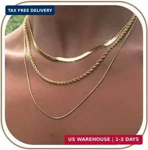 Authentic 3PCS Gold Necklaces for Women,Chunky Statement Gold Plated Necklace Stack Layere