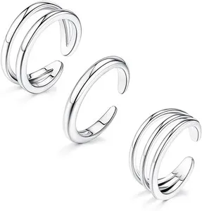Authentic 3Pcs Toe Rings for Women Non Tarnish - Adjustable 14K Gold Plated Toe Ring Silve