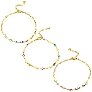 Authentic 3PCS Gold Plated Evil Eye Cross Summer Beach Anklets Women Adj