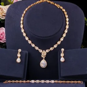 Authentic 3pcs Gold Plated Water Drop Design Cubic Zirconia Women Bridal Party Jewelry Set