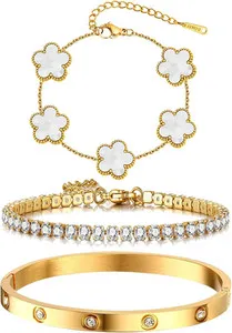 Authentic 18K Gold Plated Bracelet Sets for Women - 3PCS Stackable Bracelets Including Ban