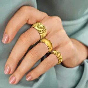 Authentic 3Pcs Women's Gold Plated Ring Set Horns Bread Dome Chunky Rings