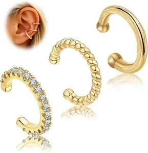 Authentic Ear Cuffs Earrings for Women-3PCS Non Piercing,14K Gold Plated Clips on Cartilag