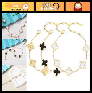 Authentic 18K Gold Plated Clover Bracelet Set - 3Pcs Lucky Four Leaf Flower Jewelry for Wo