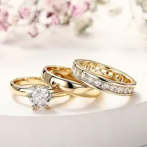 Authentic ONE SET 3 PCS Woman 18k Gold Plated Sparkling CZ Band Ring Wedding Engagement