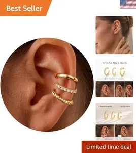 Authentic 3PCS Adjustable 14K Gold Plated Non-Piercing Ear Cuffs - Hypoallergenic Jewelry