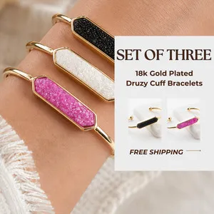 Authentic 18K Gold Plated 3 Druzy Quartz Cuff Bangle Bracelets - 3PCS NWT - For Women
