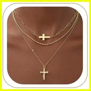 Authentic 3pcs Gold Cross Necklace for Women, Layered Necklace | 4K Gold Plated Cross N...