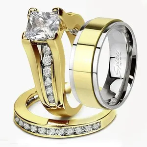 Authentic His & Hers 3Pcs 14k Gold Plated Matching Wedding Ring Band Set