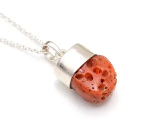 Authentic Sacred Italian Red Coral Rough Pendant Chain - Sterling Silver Talisman of Vital Life Force
