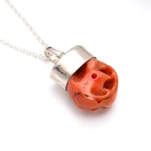 Authentic Natural Italian Red Coral Rough Chain Pendant 925 Sterling Silver Dainty Jewelry
