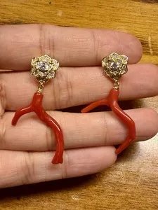 Authentic Tears of the Ancient Sea: Natural Sardinian Coral Gold-Plated Dangle Earrings