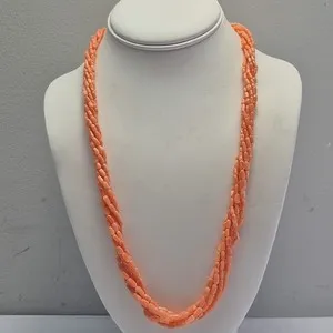 Authentic Vintage Angelskin Peachy 6 Strand Coral Necklace Yellow Gold Plated Clasp 24"