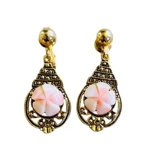 Authentic VTG Genuine Angel Skin Coral Carved Earrings Gold Plated Natural Clip dangle