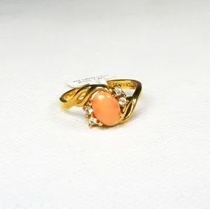 Authentic Natural Coral Ring 18k Gold Plated Crystal Rhinestones Vintage Size 9 Boxed NWT