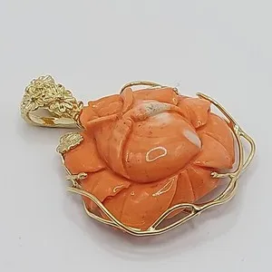 Authentic The Blossoming Heart - Hand-Carved Natural Salmon Coral Rose Amulet in Radiant Gold-Plated Silver