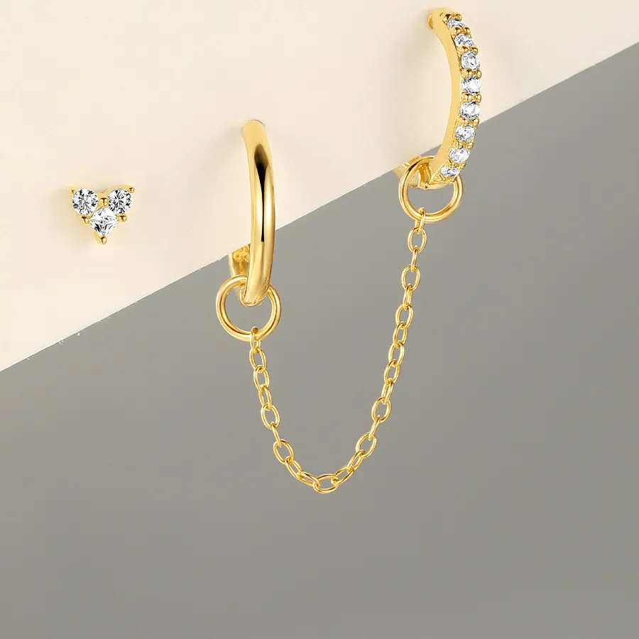 Authentic Aide 925 Sterling Silver 3Pcs Hoops Earrings 18K Gold Plated Earring Bride Pendientes Fine Jewelry