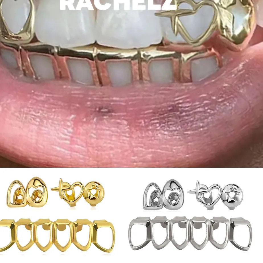 Authentic RACHELZ 3PCS/Set Hollowed Out Heart Star Teeth Grillz Hip Hop Glossy Cross Double Tooth Caps For Women Men Jewelry Cosplay