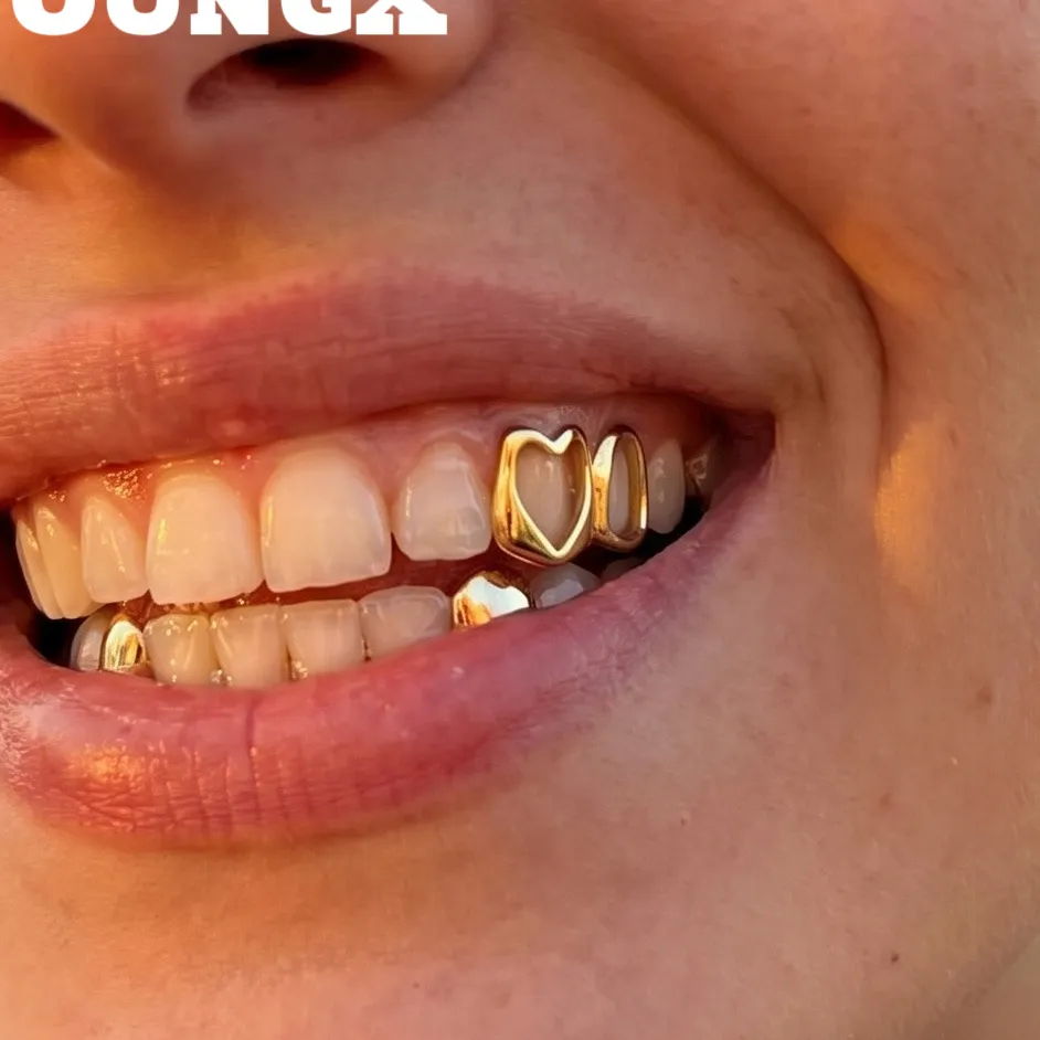 Authentic YOUNGX 3PCS/Set Double Hollow Heart Teeth Grillz Hip Hop Glossy Tooth Caps For Women Men Jewelry Dental Grills