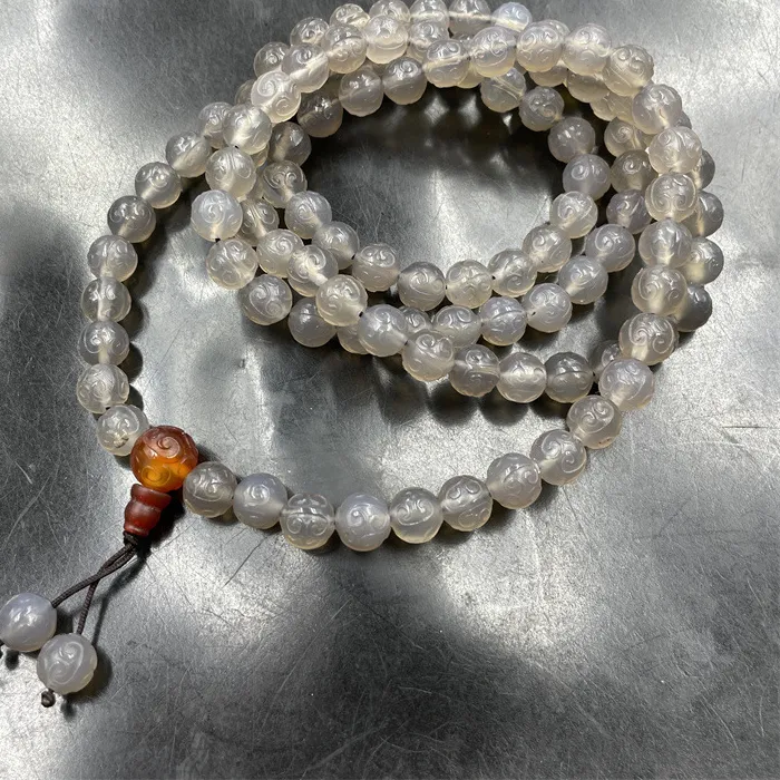 Authentic 8mm 108 PCs Gray checked agate beads sweater chain long necklace