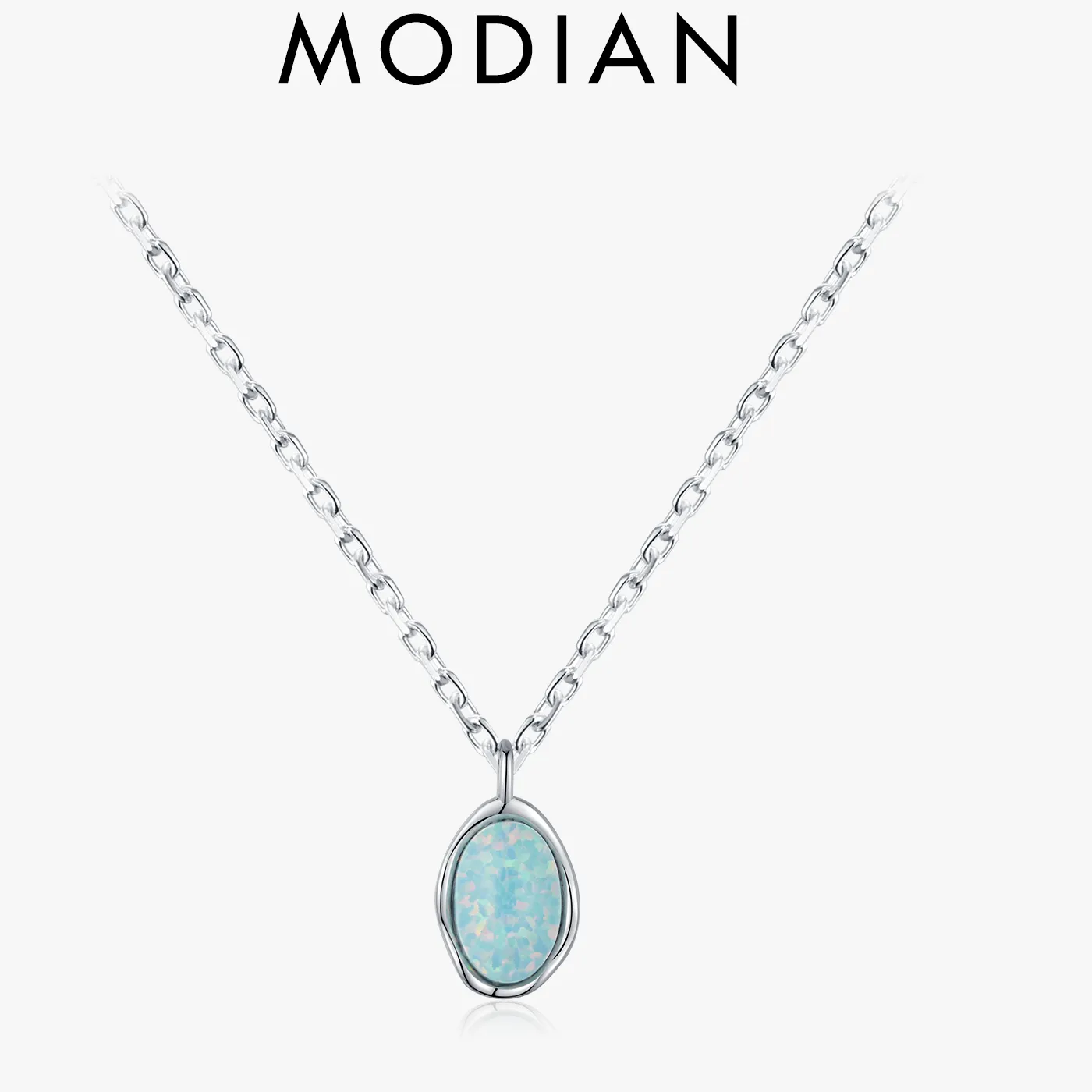 Authentic MODIAN Link Chain Necklace 925 Sterling Silver Vintage Irregular Wave Metal Opal Pendant Necklace For Women Fine Jewelry