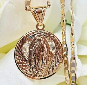Authentic 14k Gold Plated Our Lady Of Guadalupe Necklace Marie Round Shape Pendant #51