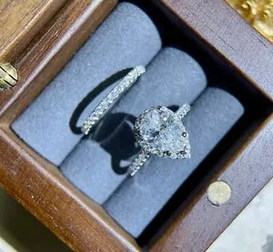 Authentic Celestial Halo Engagement Ring - 14K White Gold Plated Moissanite Wedding Set