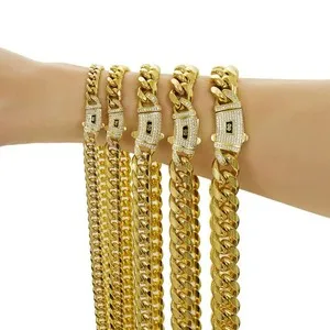 Authentic 14K Gold Plated Cuban Link Chain Necklace with Dazzing CZ Men