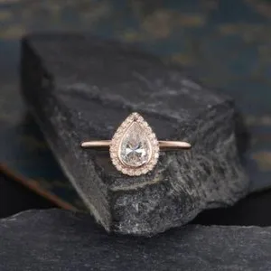 Authentic Classic Halo Pear Moissanite 14K Rose Gold Plated Bezel Setting Engagement Ring