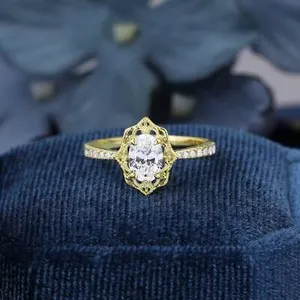 Authentic Eternal Love's Flame - Vintage Art Deco Oval Moissanite Engagement Ring in 14K Gold Plating