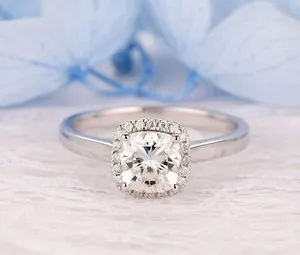 Authentic 14k White Gold Plated Halo Solitaire Ring Cushion 6mm Moissanite Wedding ring