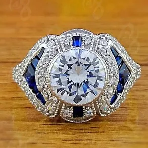 Authentic Art Deco Wedding Ring - 14K White Gold Plated Moissanite Eternity